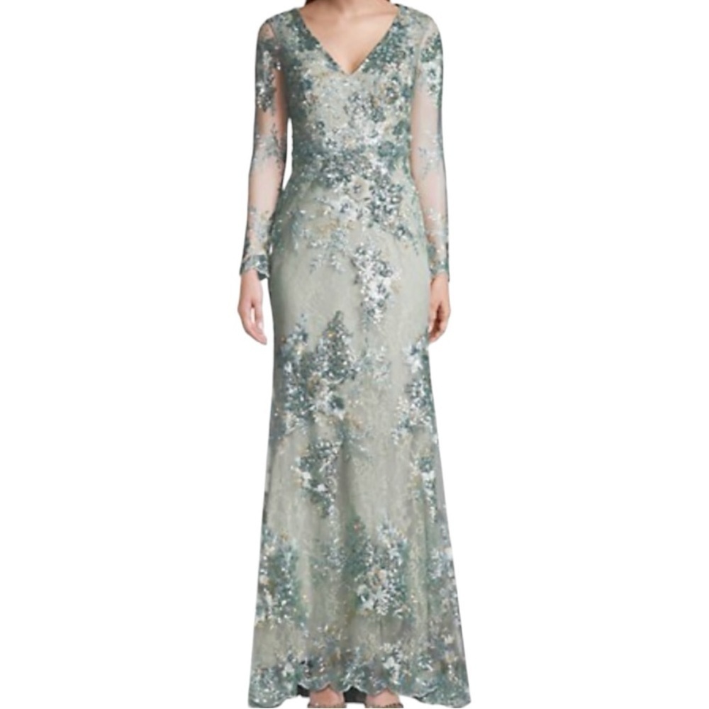 Mac Duggal Embellished V-Neck Illusion Long Sleeve Gown